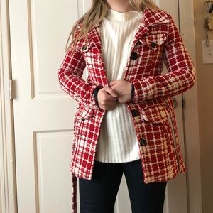 red + white plaid pea coat